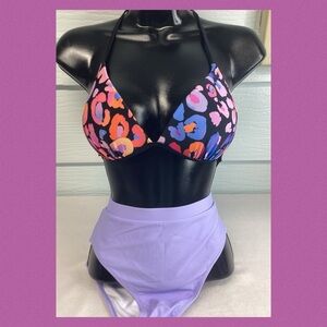 Multicolored top with purple bottom, two piece swimsuit.6